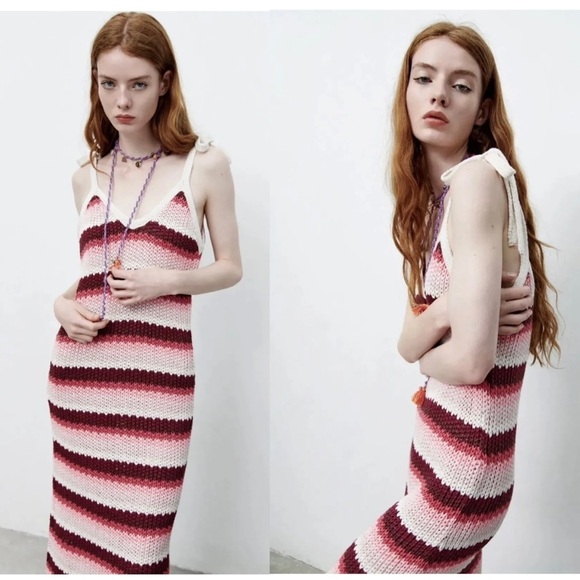 ZARA STRIPED KNIT MIDI DRESS LIMITED EDITION red pink cream Sz L NWT - Picture 4 of 13